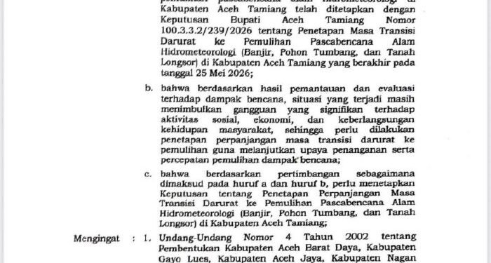 Pemkab Aceh Tamiang Perpanjang Masa Transisi Darurat ke Pemulihan