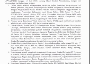 Pemkab Aceh Besar Umumkan Hasil Seleksi Administrasi JPT Pratama 2026