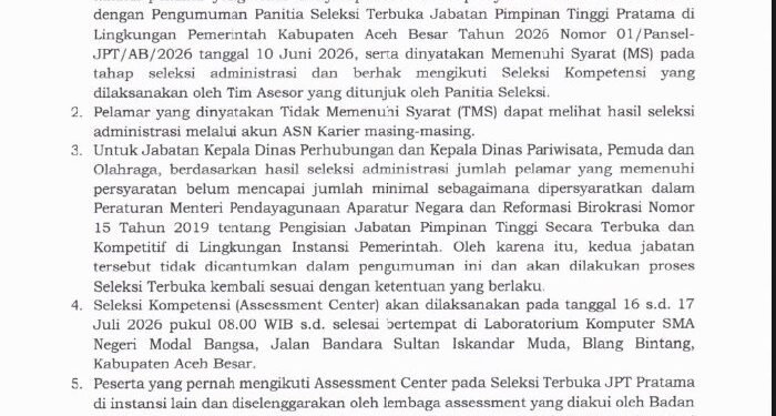 Pemkab Aceh Besar Umumkan Hasil Seleksi Administrasi JPT Pratama 2026