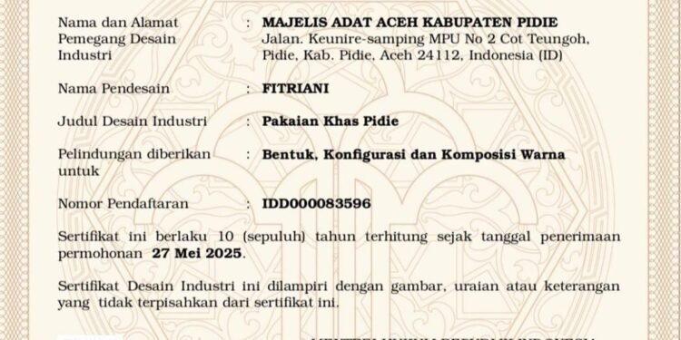Baju Khas Pidie Resmi Bersertifikat, Ikhtiar Menjaga Identitas Budaya dari Klaim dan Kepunahan