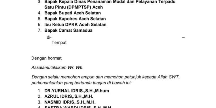 Tanah Kelahiran Terancam Perusahaan Tambang, 4 Praktisi Hukum asal Samadua di Malang Surati Gubernur dan Bupati Aceh Selatan