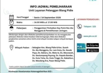 PLN Blangpidie Lakukan Pemeliharaan Jaringan, Sebagian Wilayah Blangpidie dan Susoh Hari ini Akan Alami Pemadaman Sementara