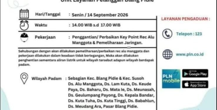 PLN Blangpidie Lakukan Pemeliharaan Jaringan, Sebagian Wilayah Blangpidie dan Susoh Hari ini Akan Alami Pemadaman Sementara