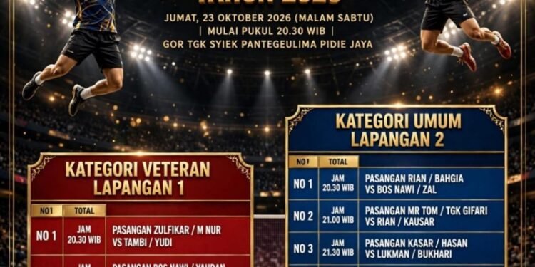 PB 2M Cup-II Pidie Jaya 2026: Semifinal Veteran dan 8 Besar Umum Digelar Malam Ini