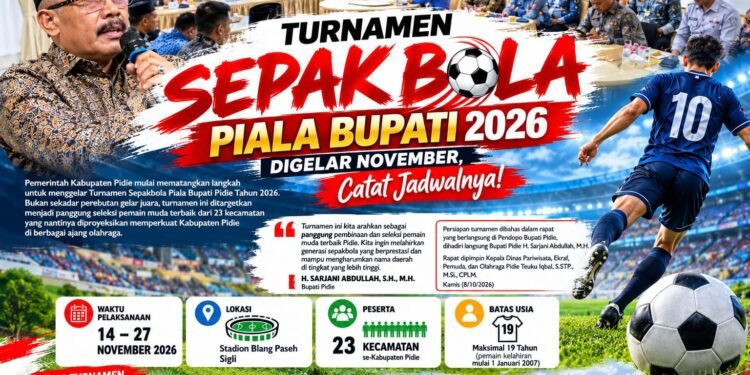 Nyan, Piala Bupati Pidie 2026 Digelar 14–27 November, 23 Kecamatan Berebut Prestasi Sepakbola